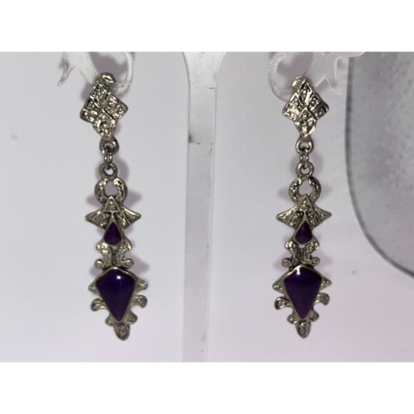 Purple Silver-Tone Art Nouveau Marcasite Drop 2.5" Earrings! - Picture 7 of 12